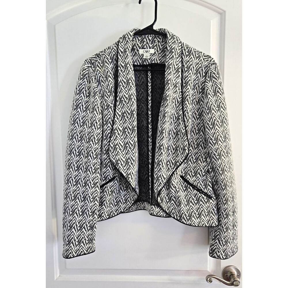 Cato L Open Front Black White Chevron Blazer Jacket Black Trim Careerwear Polish